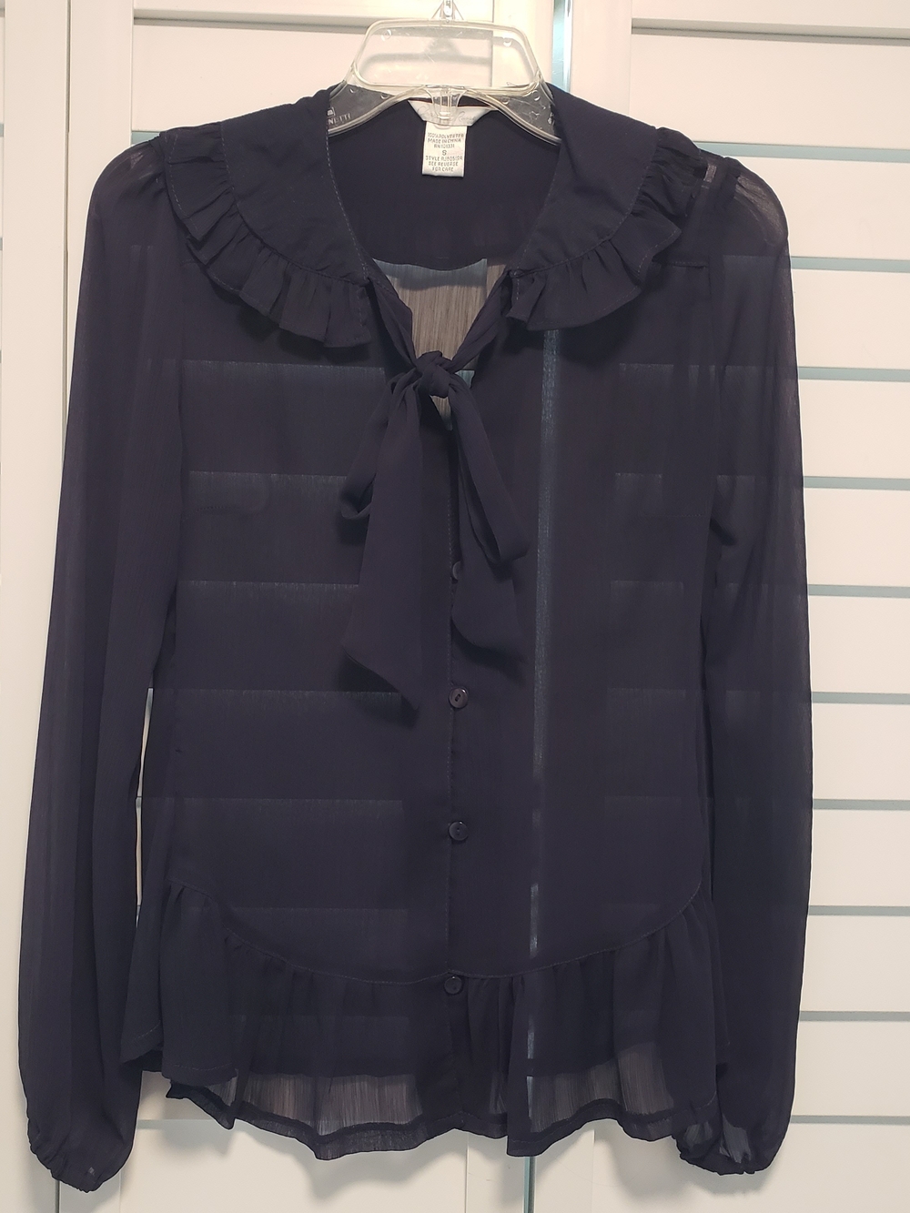 Sheer Ruffle Tie-Neck Blouse in Purple